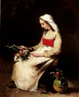 Theodule-Augustin Ribot - A Girl Arranging A Vase Of Flowers